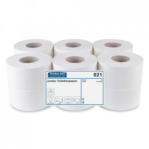 Jumbo-Toilettenpapier MINI, 2-lagig, verpackt mit 6 Rollen für effiziente Nutzung in kompakten WC-Räumen.