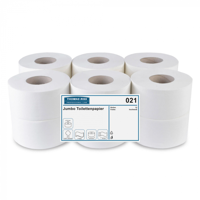 Jumbo-Toilettenpapier MINI, 2-lagig, verpackt mit 6 Rollen für effiziente Nutzung in kompakten WC-Räumen.