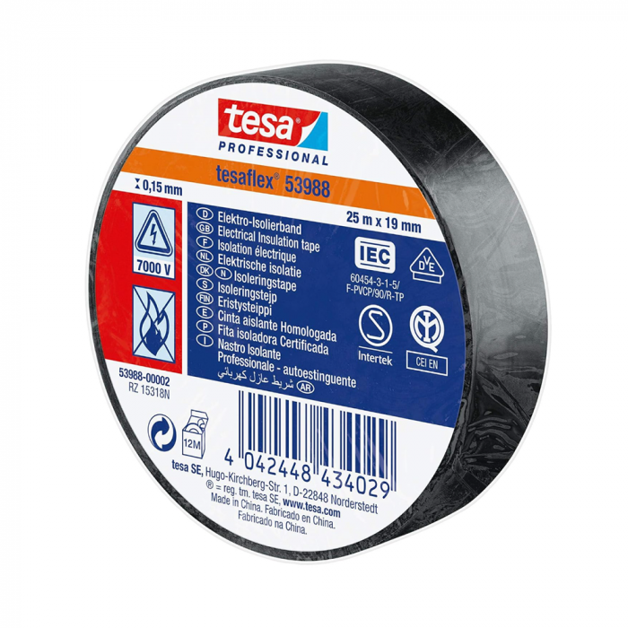 tesa® 53988, 15 mm x 10 m, Schwarz, Elektroisolierband PVC